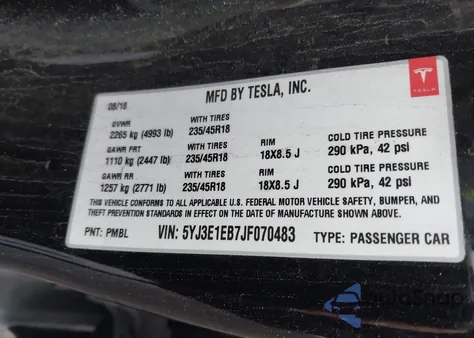 2018 Tesla Model 3 Long Range/Performance из США, поврежденный, VIN 5YJ3E1EB7JF070483